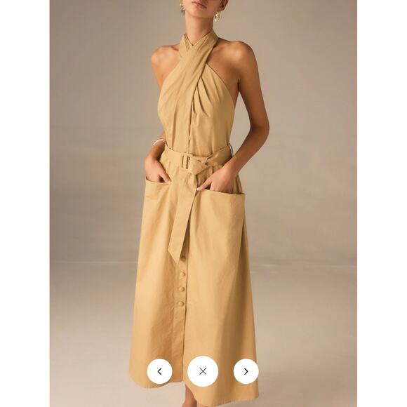 Commense Cotton Pleated Halter Neck Belted Midi Dress Sz M - Picture 6 of 7